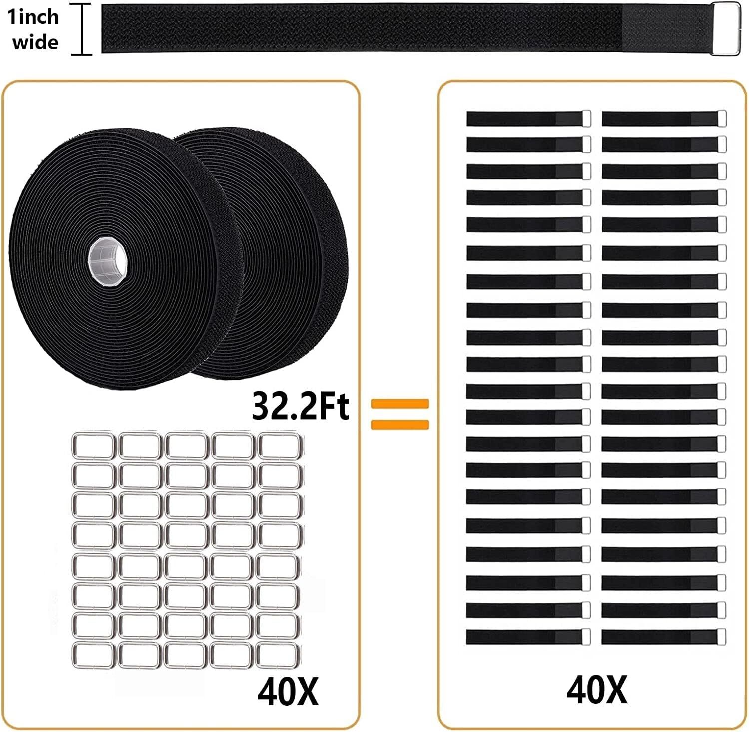 2 Rolls 32.2ft Adjustable Fastening Hook and Loop Straps with 40 Metal Buckles