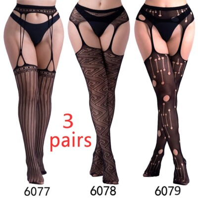#ad 3 Pairs Sexy Stockings Lace Thigh High Stockings With garter belt Pantyhose $12.99