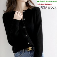 Women's Cashmere Blend Cardigan Solid Color Sweater Simple Crew Neck Jacket Coat