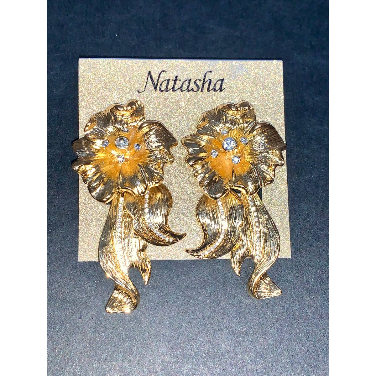 Natasha Gold Flower Crystal Center Leaf Dangle Earrings NWT  display picture 1