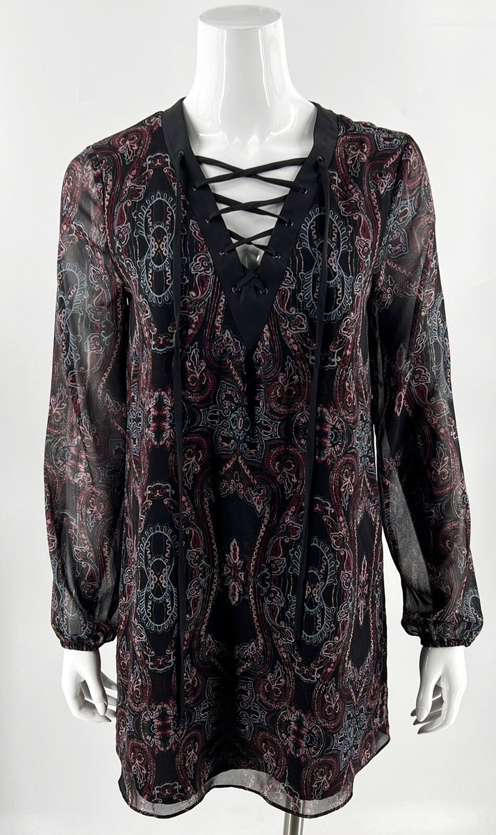 BCBGeneration A Line Dress Size S Black Pink Blue Paisley Tie Neck Lined  Womens