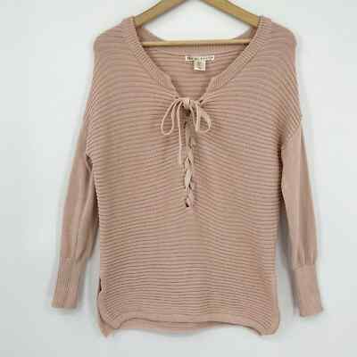 Kaisely Womens Long Sleeve Lace Up Sweater Side Slits Dusty Rose Blush Pink  Sz S