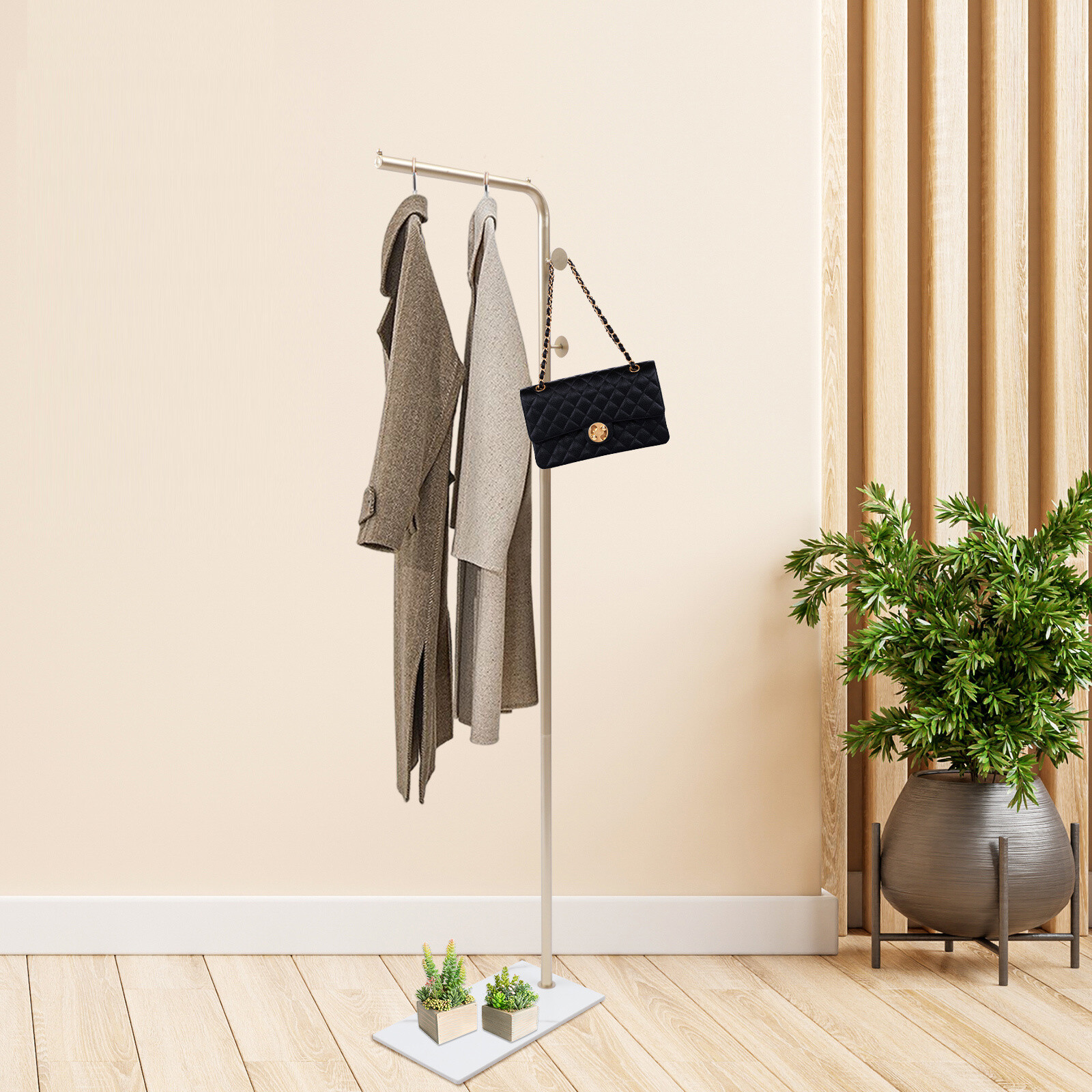 Metal Clothes Rack with 3 Hooks and Marble Base for Entryway Coat Hanging 170cm-image