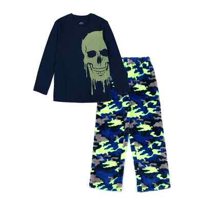 Wonder Nation 2-Piece Boys 18 Pajama Set-Shirt Fleece CAMO Pants-Skull  NWT