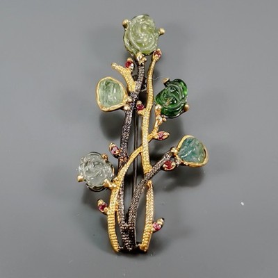 Handmade Natural Tourmaline Brooch 925 Sterling Silver  /NB31929