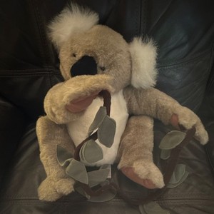 Folkmanis Gray/White Koala Plush Puppet w/ Eucalyptus Leaf Branch