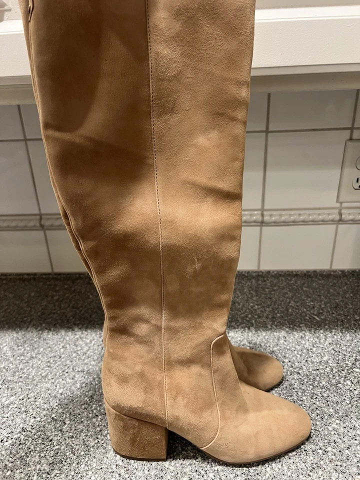 Botas hasta la rodilla Sam Edelman para mujer beige tostado gamuza cremallera tacón bloque talla 9,5 Foto 3 de 4