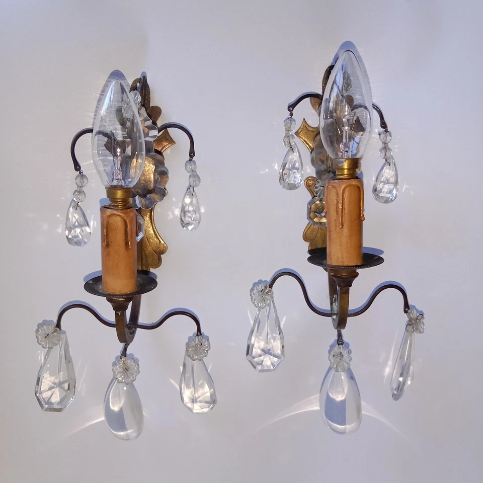 Paire Appliques Pampilles Cristal 2 Bras Metal circa 1920 dans leurs Jus - Photo 3/4