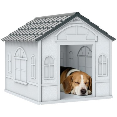 Hundehütte, Hundehaus mit Satteldach, wetterfest Kleintierhaus Hundehütte Grau