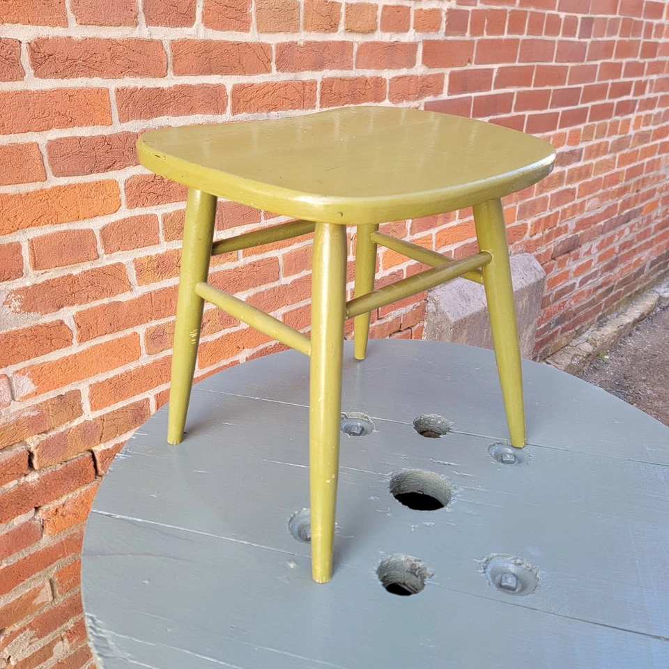 复古中世纪现代木制凳鳄梨橄榄绿色油漆 16.5 英寸高 — 第 3/4 张图片