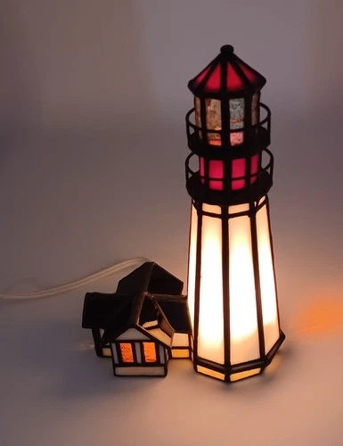 Vintage Tiffany Style Stained Glass Lighted Lighthouse ~ Duel Light Cord