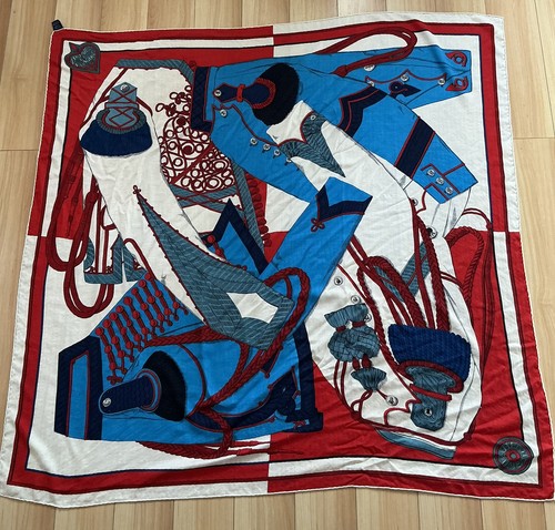 Hermes Zouaves et Dragons Cashmere Silk Shawl Scarf 140 132cm Red Blue Cream