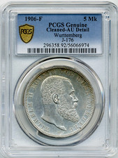 1906-F 5 Marks Germany - Wurttemberg - PCGS AU Detail, Low Mintage Key Date