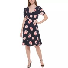 Tommy Hilfiger Women's Surplice-Neck Fit & Flare Dress, Sky Captain/Bloom Size 2