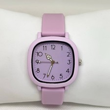 Women purple tone quartz analog watch 35mm square case silicone band running