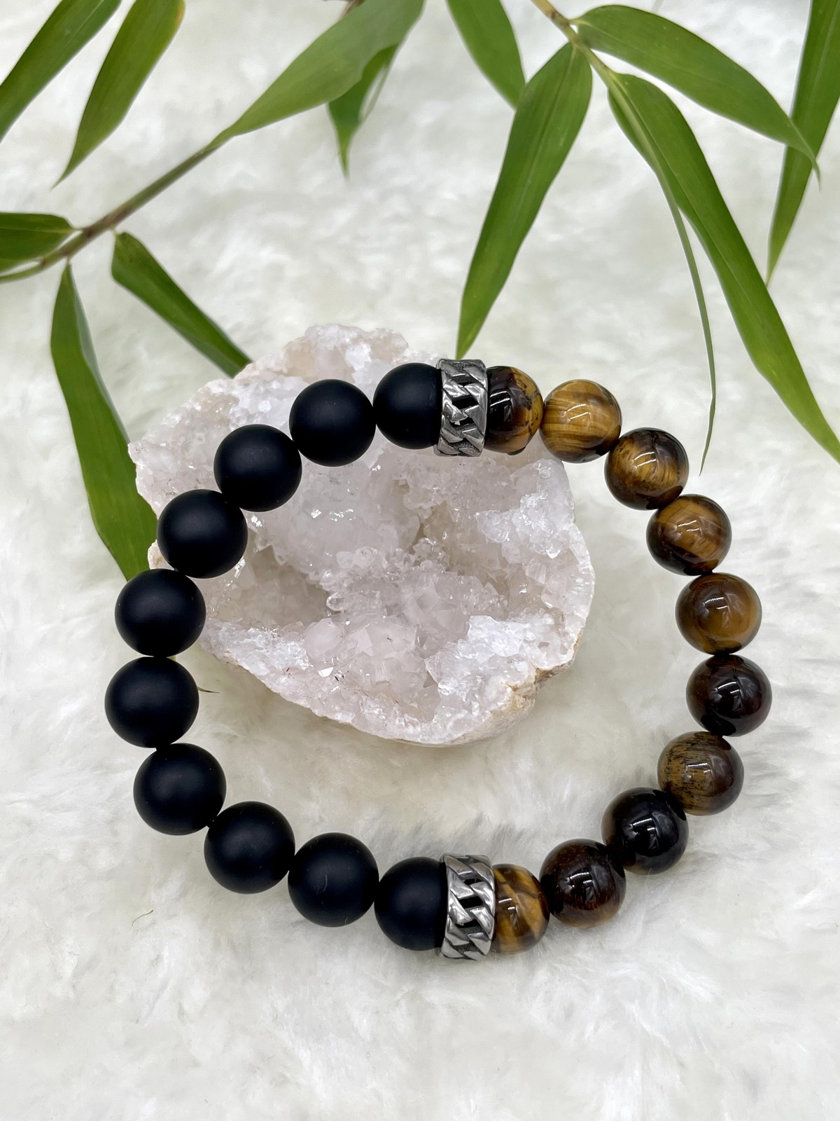 Bracelet oeil de tigre et onyx mat 10mm pour le style urbain