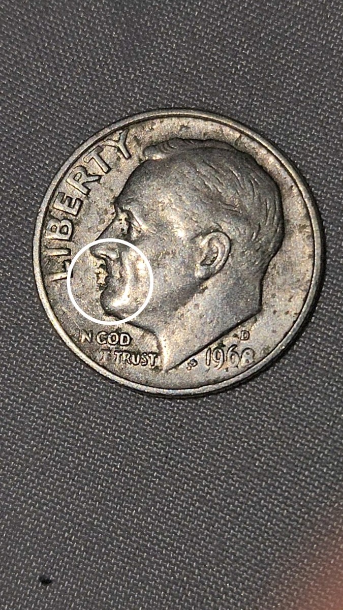 1968 Roosevelt Dime, D Mint, Die Chip, Missing 
