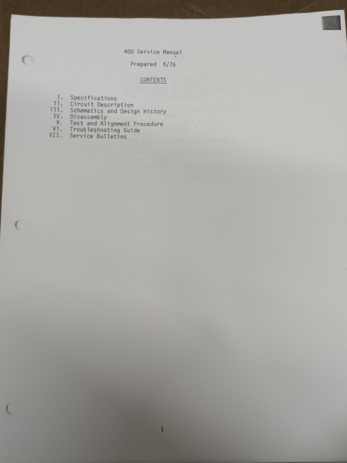 PHASE LINEAR 400 Power Amp Service Manual Photocopy