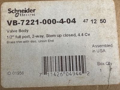 Schneider Electric VB-7221-000-4-04 1/2'' Full Port 2 Port 1/2'' Stem Up Closed