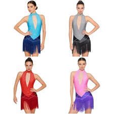 Women Dress Backless Jumpsuit Romper Bodysuit Rhinestones Dance Leotard Latin