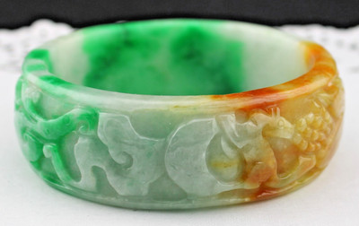 Chunky Vintage Carved Jadeite Jade Dragon Foo Dog 6.5'' Bangle Bracelet