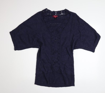 Monsoon Damen Pullover blau Häkel Strick V-Ausschnitt Kurzarm Größe S
