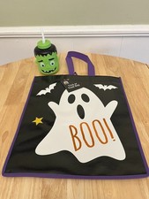 Trick or Treat Boo Ghost Tote Bag AND Halloween Plastic Cup No Spill Straw