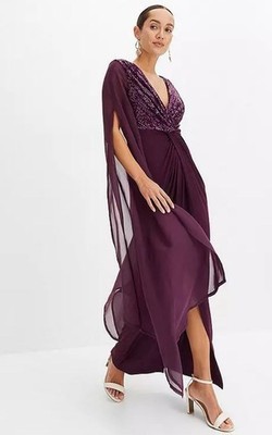 FREEMANS Pailletten Mieder Kleid Mit Trompetenärmel Lila UK 6/8 (fmn79-4)