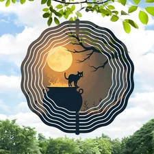 3D Metal Hanging Wind Chimes - Spiral Staircase Design with Black Cat & 
