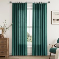 Dark Green Pinch Pleated Linen Curtains 84 Inch Length 2 Panels for Living Ro...