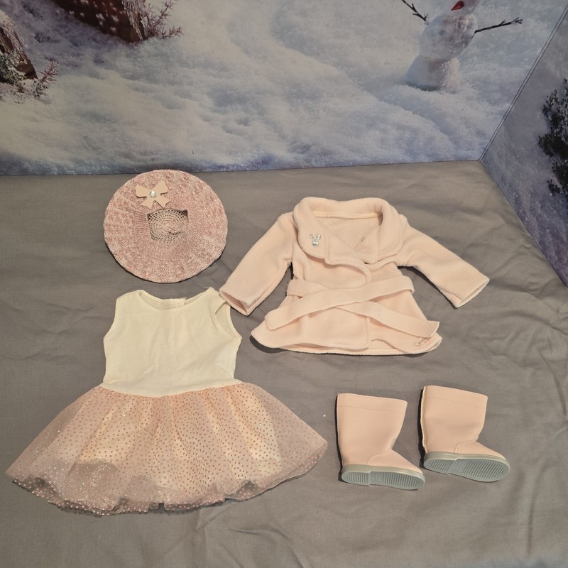 American Girl Winter Sparkles Outfit Truly Me Pink Dress Boots Jacket Box