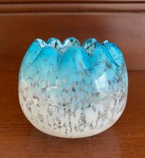 Antique Blue & White Opalescent Spatter Art Glass Victorian Rose Bowl Vase