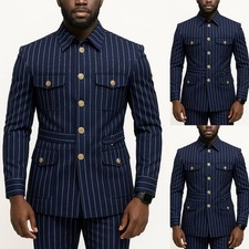Navy Blue Pinstriped Men's Suits Safari Jacket Wedding Outdoor Hunting Suit 2Pcs