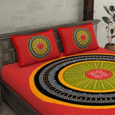 Ethnic Jaipuri Bandhej Print Cotton Double Bedsheet Red Green Mandala Print