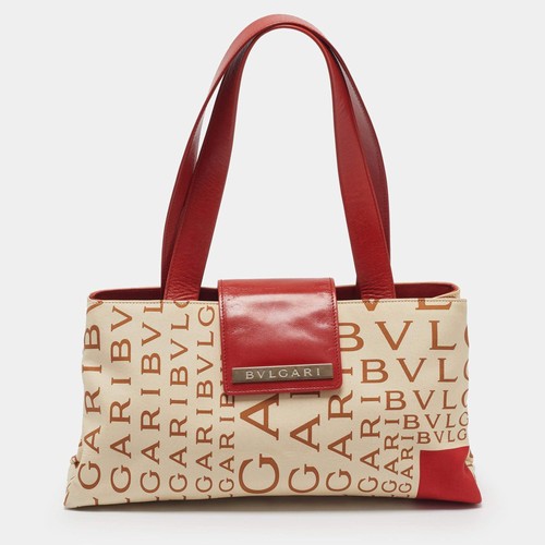 Bvlgari Logomania RedOff White Fabric and Leather Tote