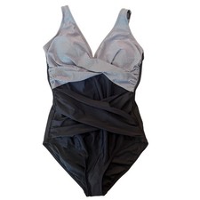 NWT Smismivo Tummy Control One Piece Swimsuit Women's Size L Black Stripe Ruched