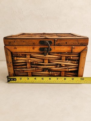 Storage Box Vintage Bamboo Rattan Woven Wood  Chest with Metal Latch Boho Rustic