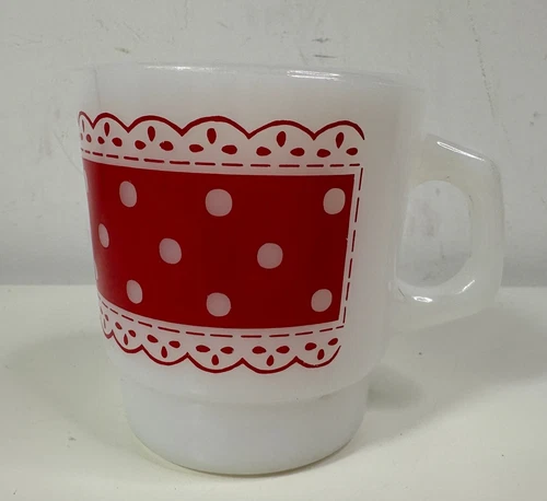Vintage Fire King Anchor Hocking Red Polka Dots Lace Milk Glass Coffee 1 Cup Mug