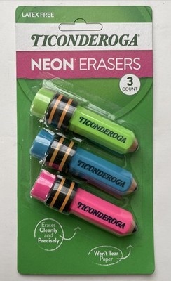 Pack of 3 Ticonderoga Neon Erasers Latex Free Green Blue Pink X38963