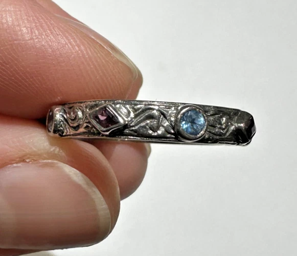 Argento Sterling Francese Inciso Topazio Blu Ametista Viola Fatto a Mano Vintage - Immagine 2 di 4