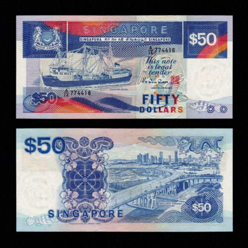 1987 SINGAPORE 50 DOLLARS A/14 774416 P-22a gXF+ +COASTAL VESSEL SHEARES BRIDGE
