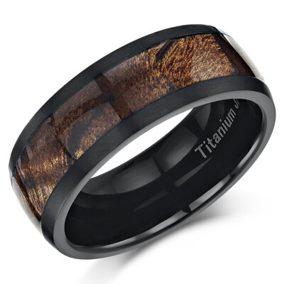 8 mm Schwarz Titan Herren Ehering Band mit Echt Koa Holz Intarsien