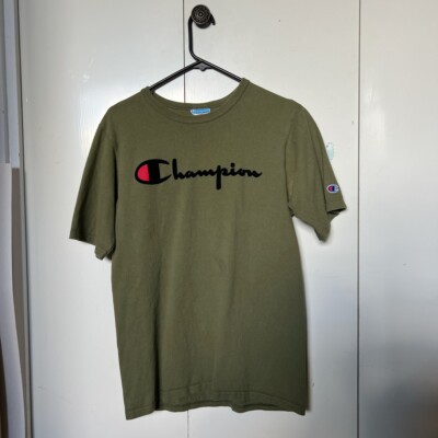 Champion T Shirt Short Sleeve Medium Men's Olive Green Suede Logo