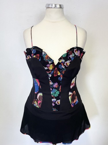 KAREN MILLEN BLACK & MULTI FLORAL PRINT DETACHABLE STRAPS CORSET TOP SIZE 10 - 第 1/4 張圖片