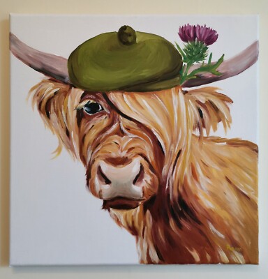 Künstler Atelierauflösung Original Ölgemälde Leinwand, Coo, Highland Cow 40x40cm
