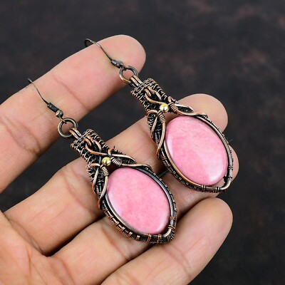 Thulite Jewelry Copper Gift For Mother Wire Wrapped Drop/Dangle Earrings 2.95''