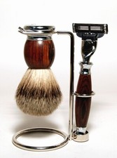 Shaving Set ROSEWOOD - HANS BAIER Germany - Brush Badger Silvertip Razor