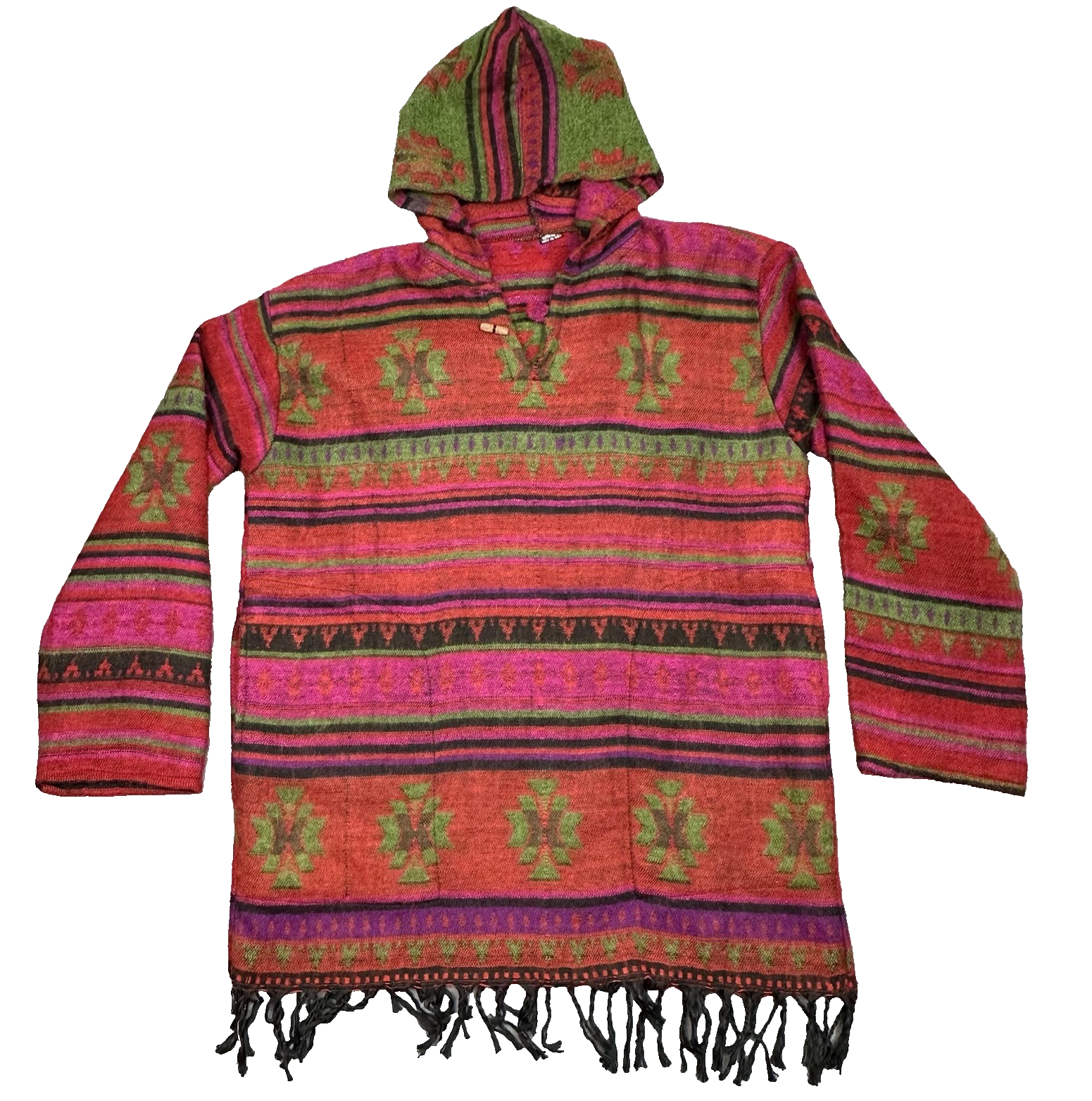 Aztec Southwestern Wool Hoodie Womens XL Pullover Sweater Pockets Fringe Boho