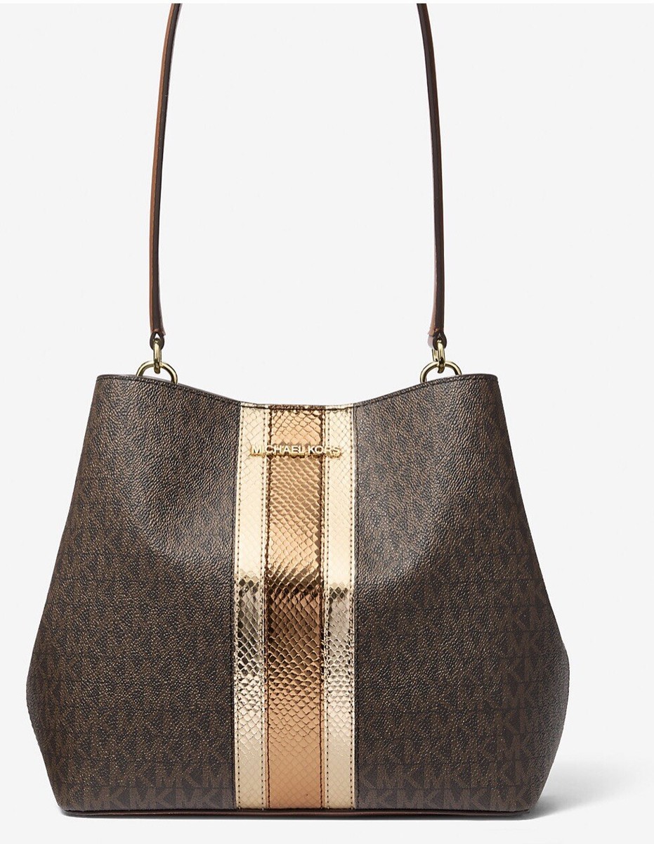 Michael Kors Pratt Medium Signature Logo and Metallic Shoulder Bag