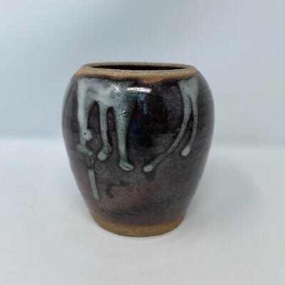 Studio Pottery Drip Glaze Hand Thrown 4'' Round Vase Signed Brown White Glossy
